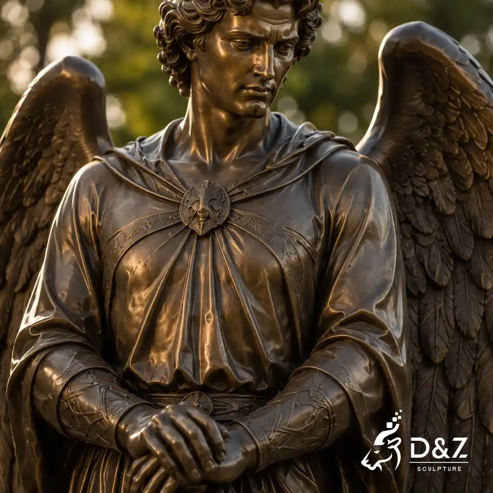 Bronze male angel sculpture robe and chest ornament detail Bronze male angel sculpture robe and chest ornament detail