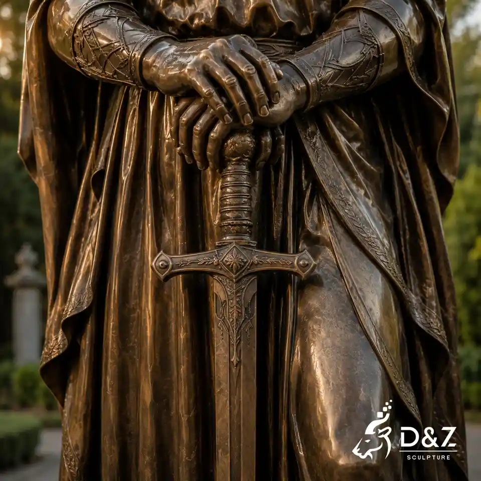 Guardian angel statue with sword showing detailed hands and engraved hilt Guardian angel statue with sword showing detailed hands and engraved hilt