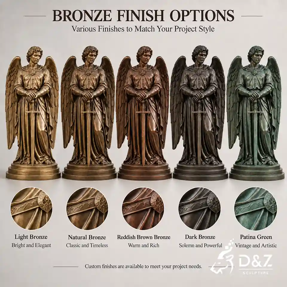 Bronze guardian angel male sculpture finish options in five custom colors Bronze guardian angel male sculpture finish options in five custom colors