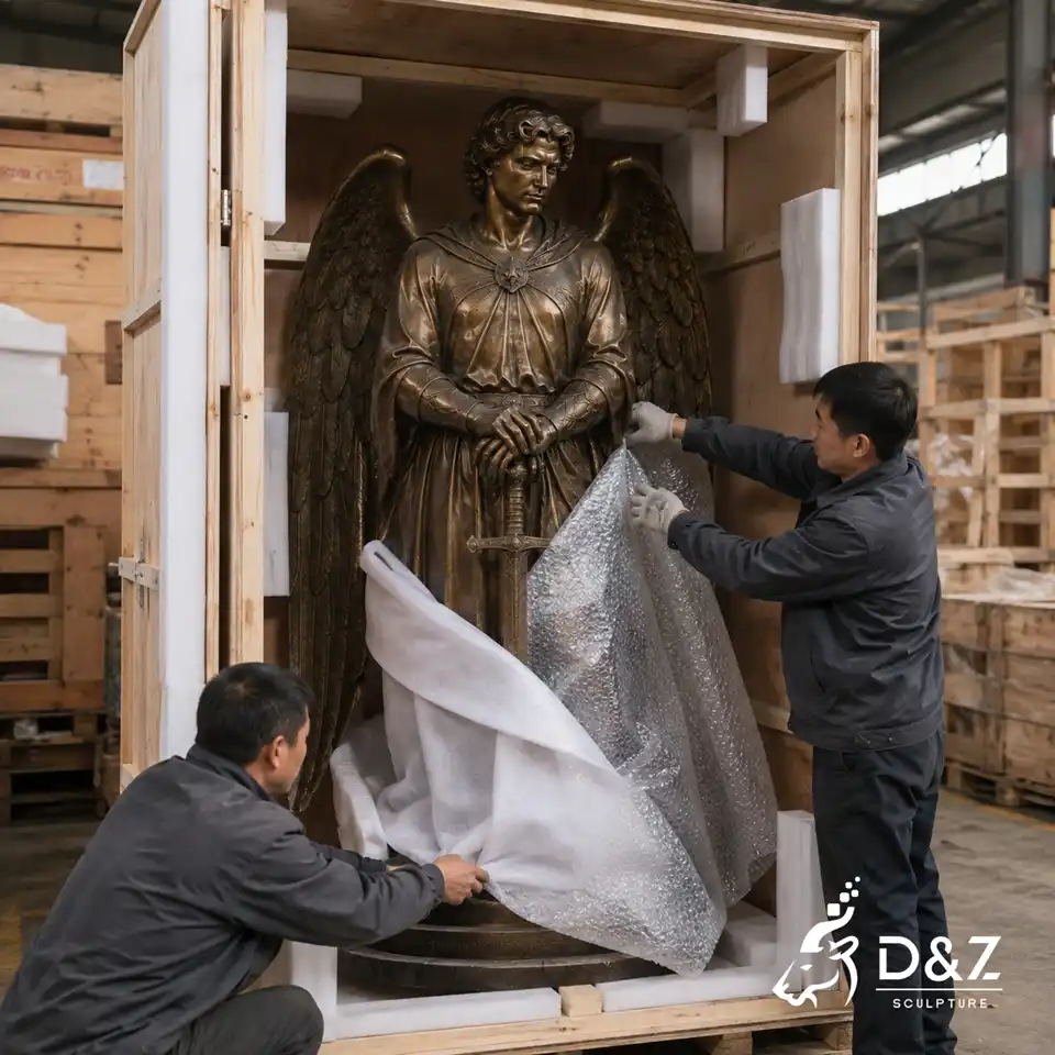 Bronze guardian angel male sculpture packed in a protective wooden crate Bronze guardian angel male sculpture packed in a protective wooden crate