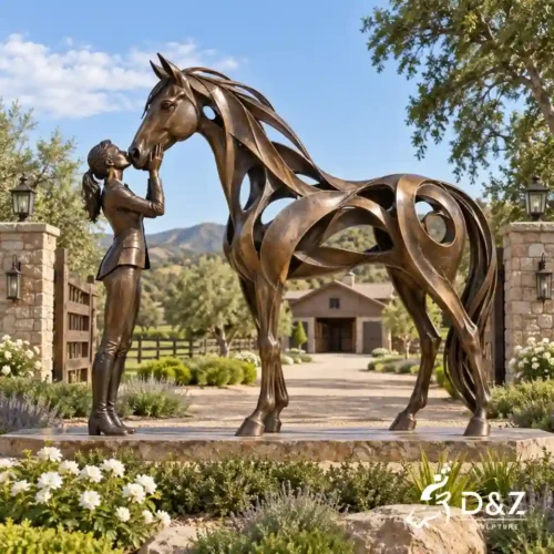 Bronze kiss horse sculpture with female rider kissing an openwork horse at a luxury ranch entrance