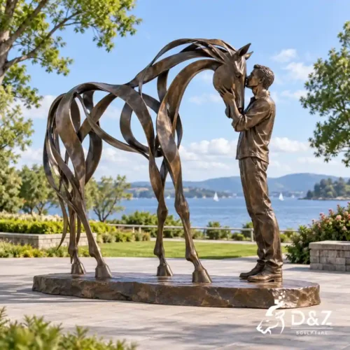 Bronze kiss horse sculpture with male figure kissing an openwork horse beside a lakeside landscape