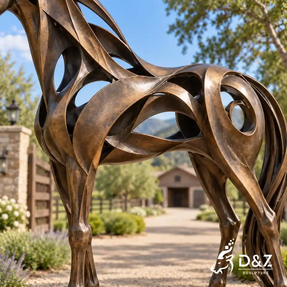 Openwork body detail of bronze kiss horse sculpture with layered ribbon-style metal forms