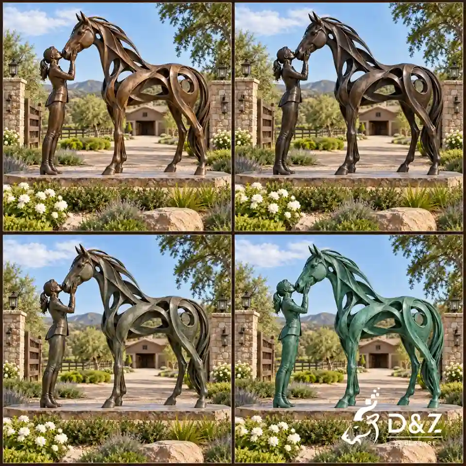 Custom patina options for bronze kiss horse sculpture in four different bronze finishes