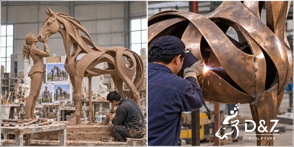 Bronze kiss horse sculpture production process with clay modeling and bronze welding