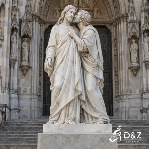 Kiss of Judas sculpture in hand-carved marble depicting Jesus and Judas outside a Gothic church