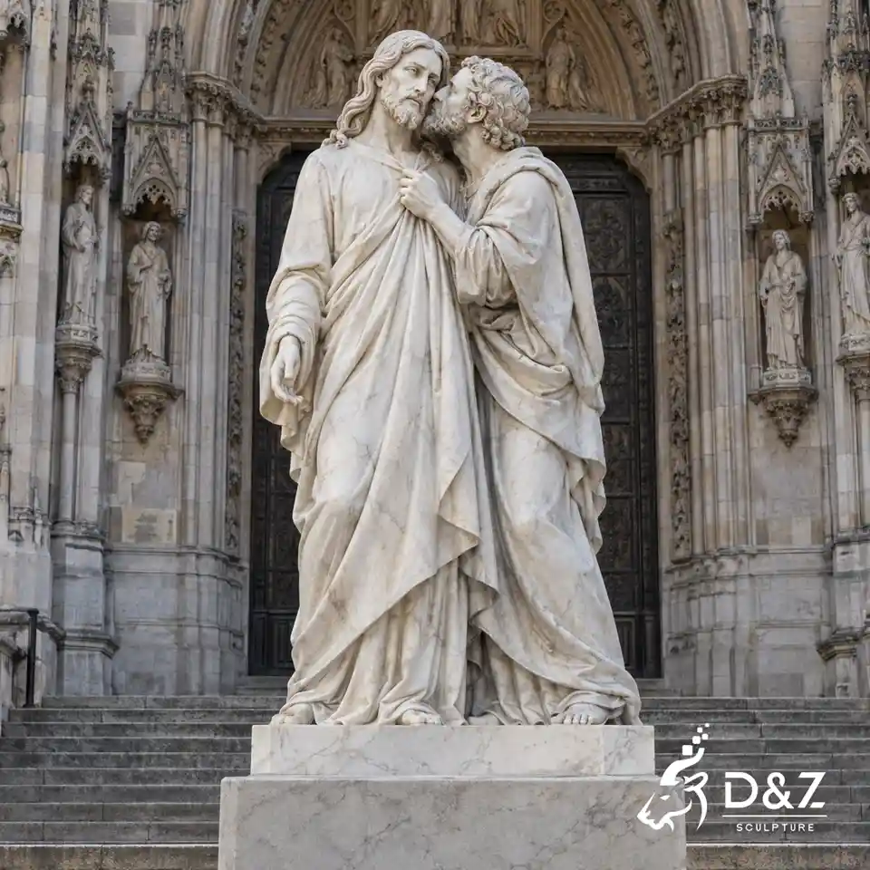 Kiss of Judas sculpture in hand-carved marble depicting Jesus and Judas outside a Gothic church Kiss of Judas sculpture in hand-carved marble depicting Jesus and Judas outside a Gothic church