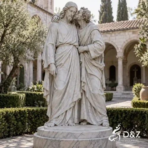 Kiss of Judas sculpture with Jesus and Judas displayed in a classical church garden