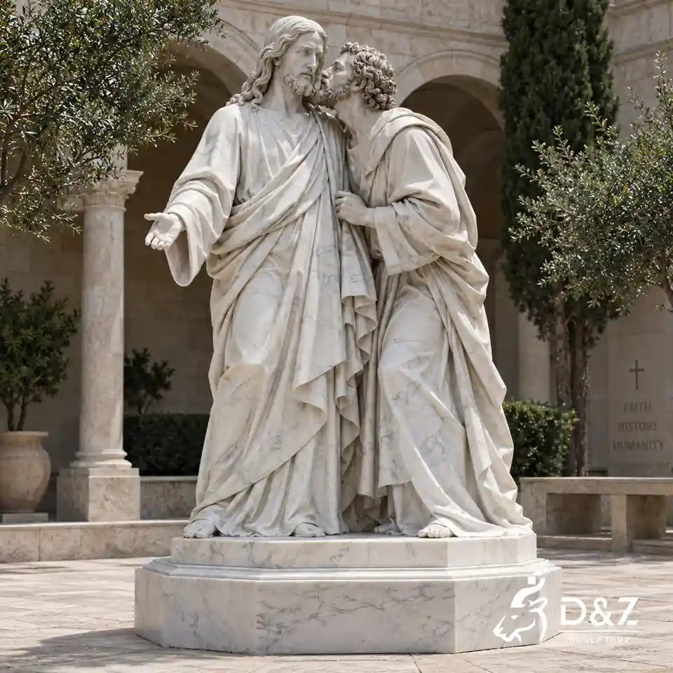 Kiss of Judas sculpture carved from marble for a monastery courtyard or religious garden Kiss of Judas sculpture carved from marble for a monastery courtyard or religious garden