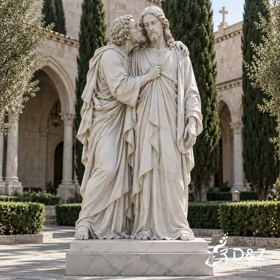 Kiss of Judas sculpture featuring Jesus and Judas on a rectangular marble base in a religious garden Kiss of Judas sculpture featuring Jesus and Judas on a rectangular marble base in a religious garden