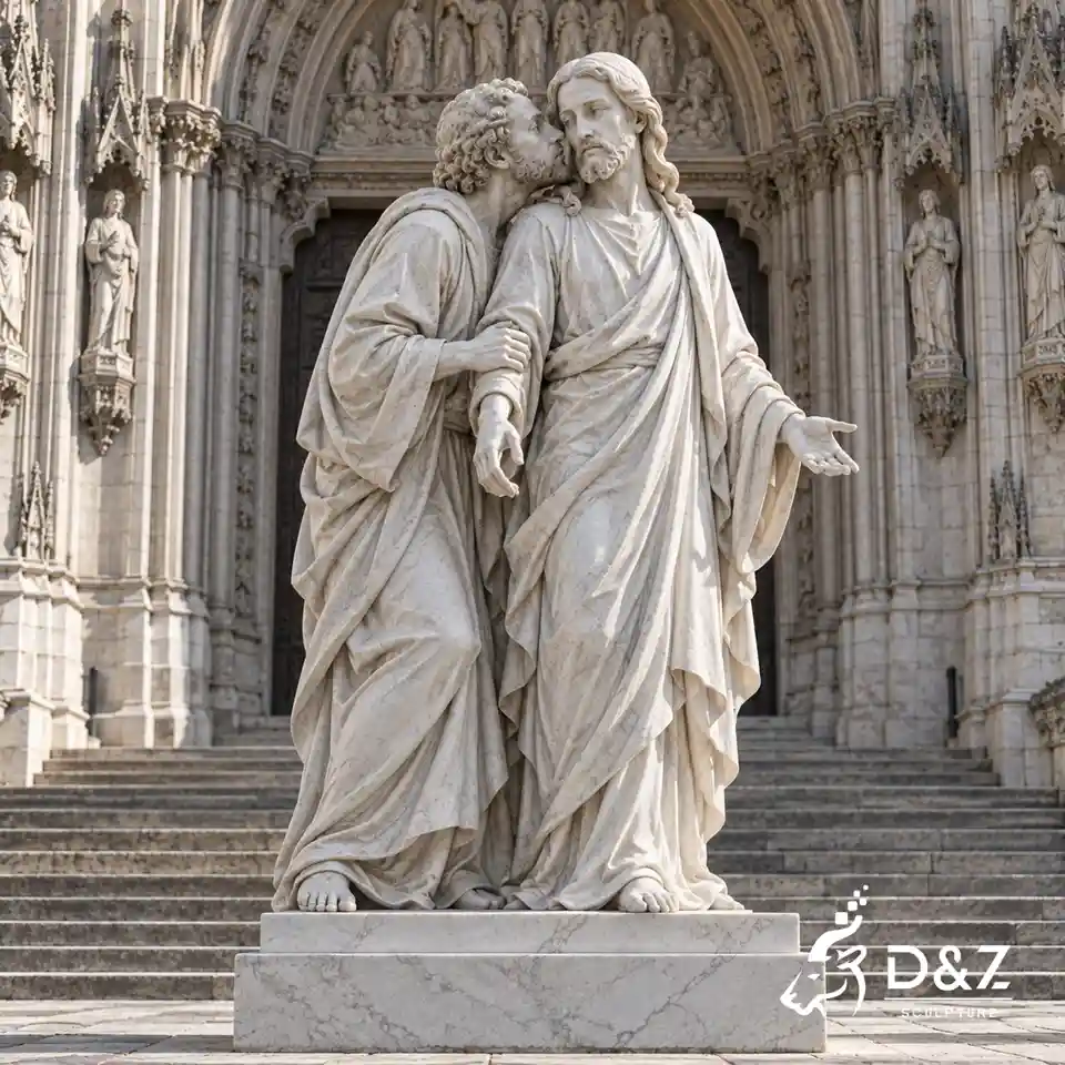 Kiss of Judas sculpture showing the biblical betrayal of Jesus outside a Gothic church Kiss of Judas sculpture showing the biblical betrayal of Jesus outside a Gothic church