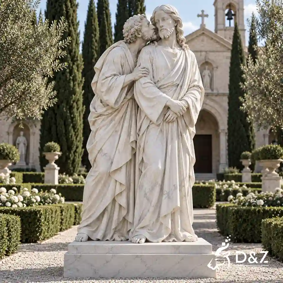 Kiss of Judas sculpture with detailed marble Jesus and Judas figures in a biblical garden setting Kiss of Judas sculpture with detailed marble Jesus and Judas figures in a biblical garden setting