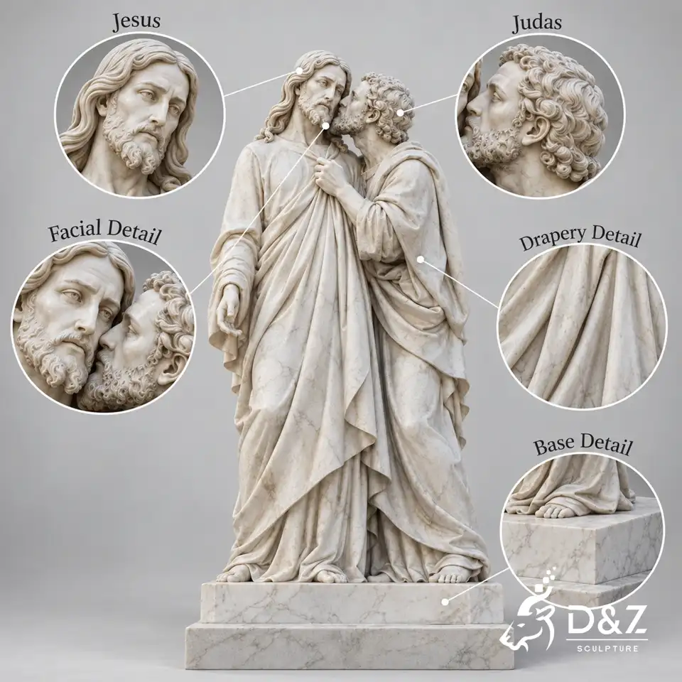 Kiss of Judas sculpture detail diagram showing Jesus, Judas, facial carving, drapery and marble base Kiss of Judas sculpture detail diagram showing Jesus, Judas, facial carving, drapery and marble base