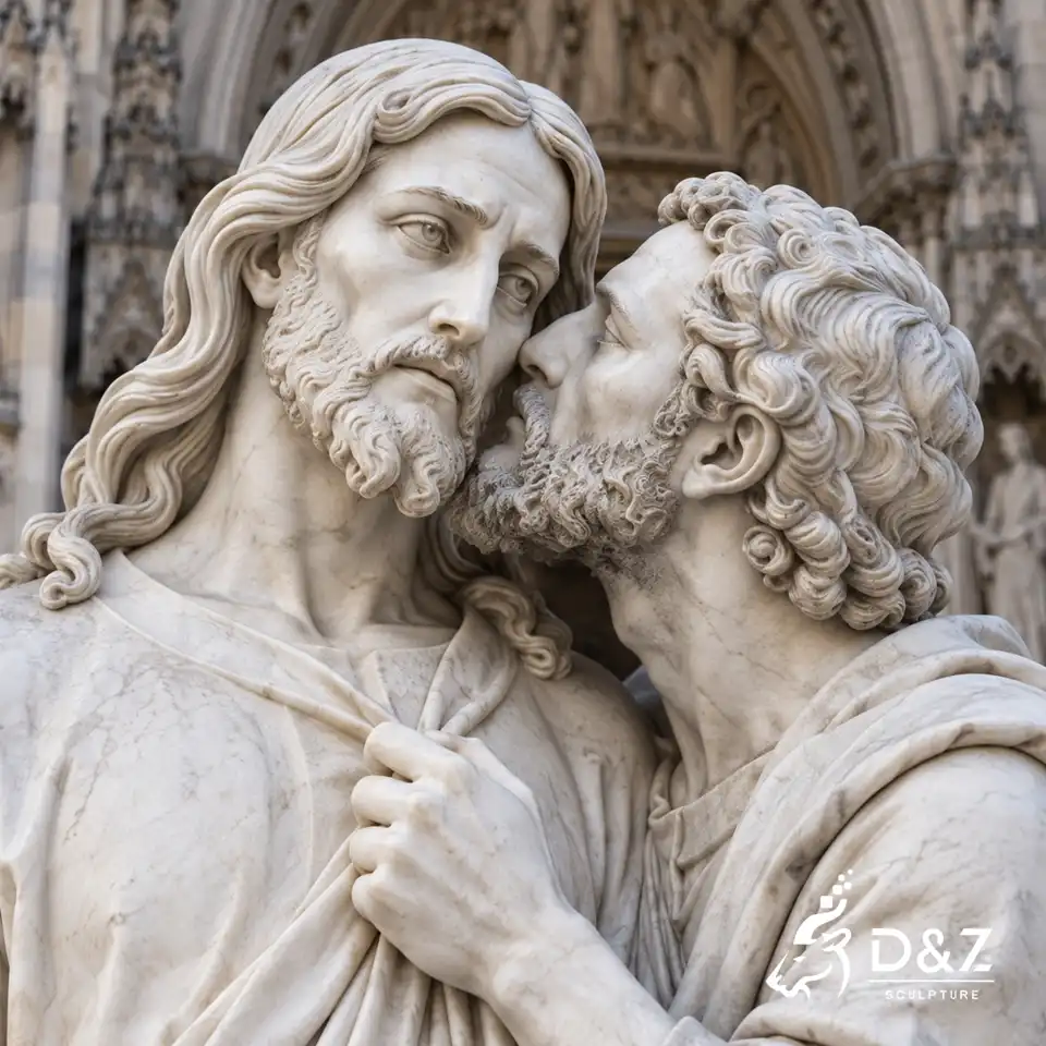 Kiss of Judas sculpture facial detail showing Jesus and Judas at the moment of the kiss Kiss of Judas sculpture facial detail showing Jesus and Judas at the moment of the kiss