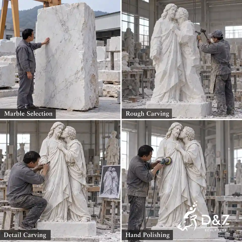 Kiss of Judas sculpture marble carving process from stone selection to hand polishing Kiss of Judas sculpture marble carving process from stone selection to hand polishing