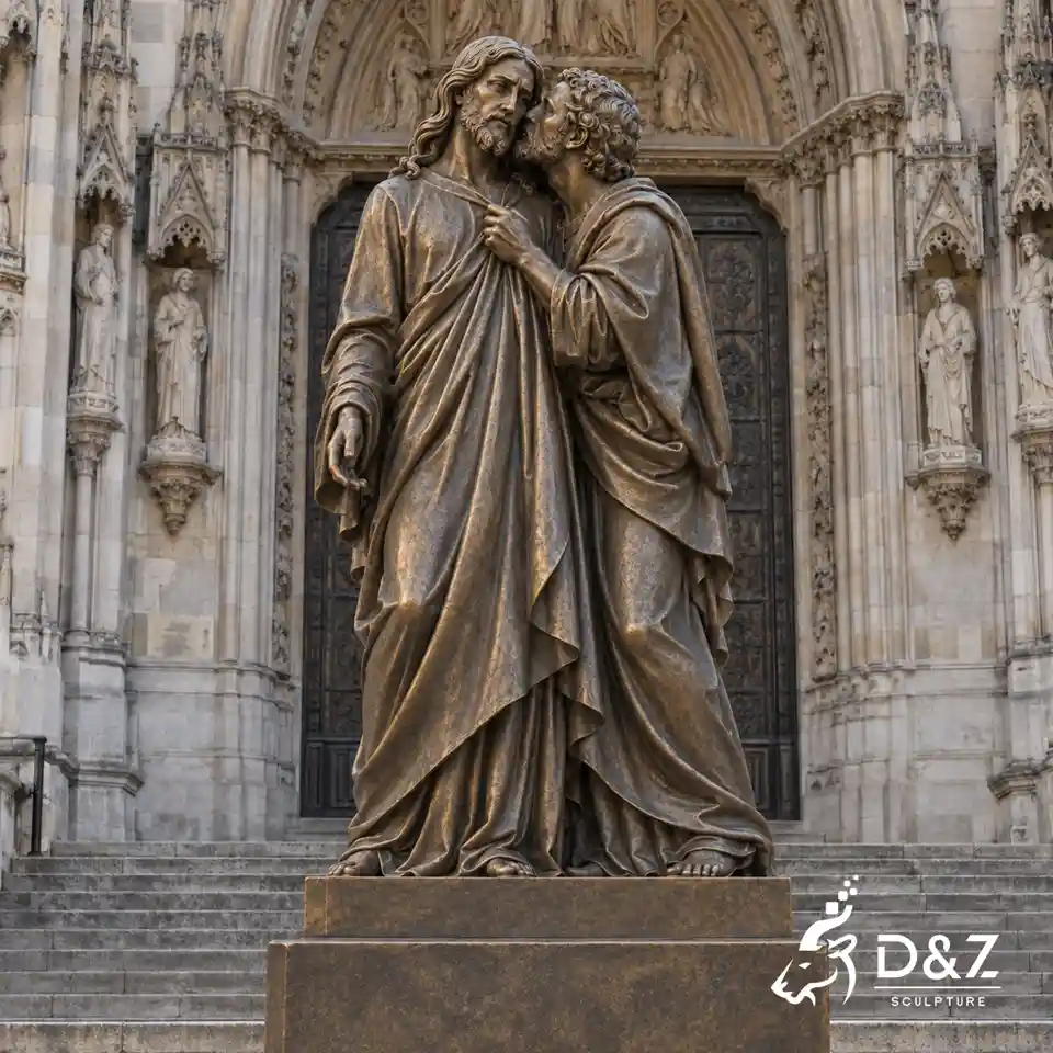 Kiss of Judas sculpture in natural bronze depicting Jesus and Judas outside a Gothic church Kiss of Judas sculpture in natural bronze depicting Jesus and Judas outside a Gothic church