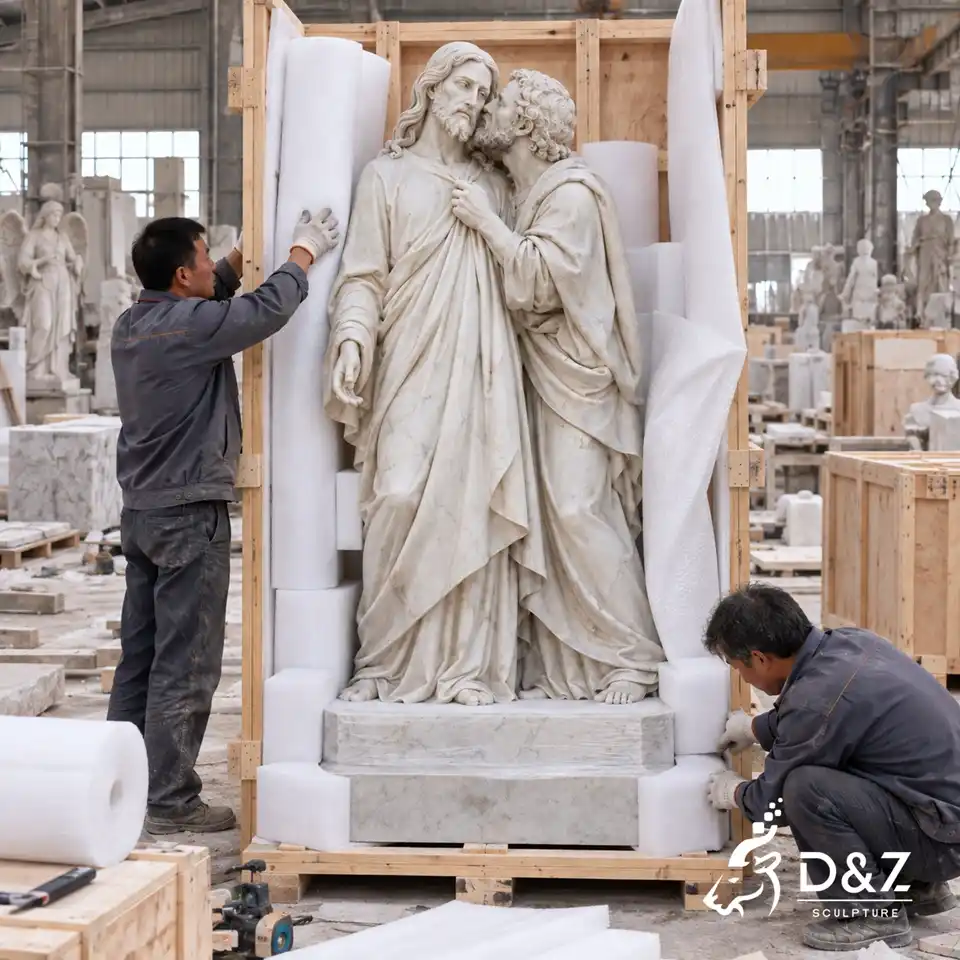 Kiss of Judas sculpture protected with foam and wooden crate packaging before worldwide shipping Kiss of Judas sculpture protected with foam and wooden crate packaging before worldwide shipping