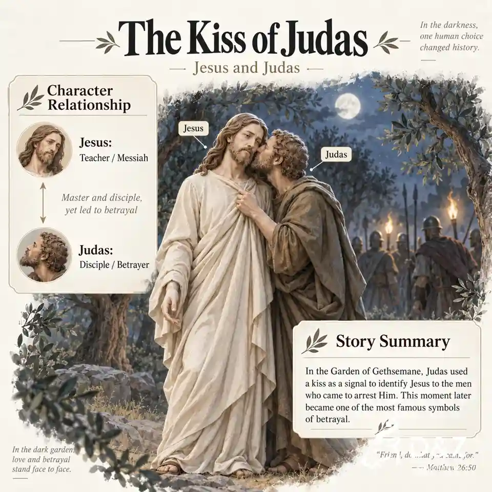Kiss of Judas sculpture infographic explaining Jesus, Judas and the biblical story of betrayal Kiss of Judas sculpture infographic explaining Jesus, Judas and the biblical story of betrayal