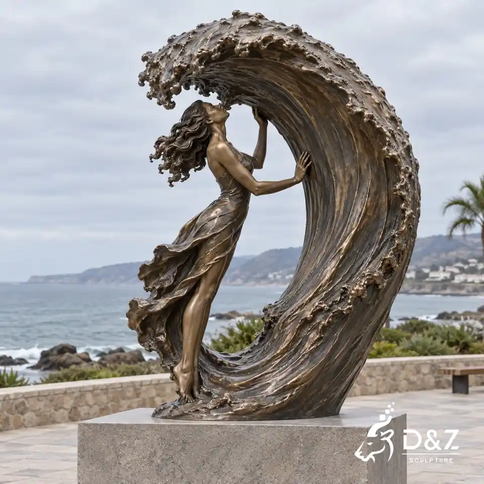 Kiss the sea sculpture featuring a bronze woman kissing a large curling ocean wave Kiss the sea sculpture featuring a bronze woman kissing a large curling ocean wave