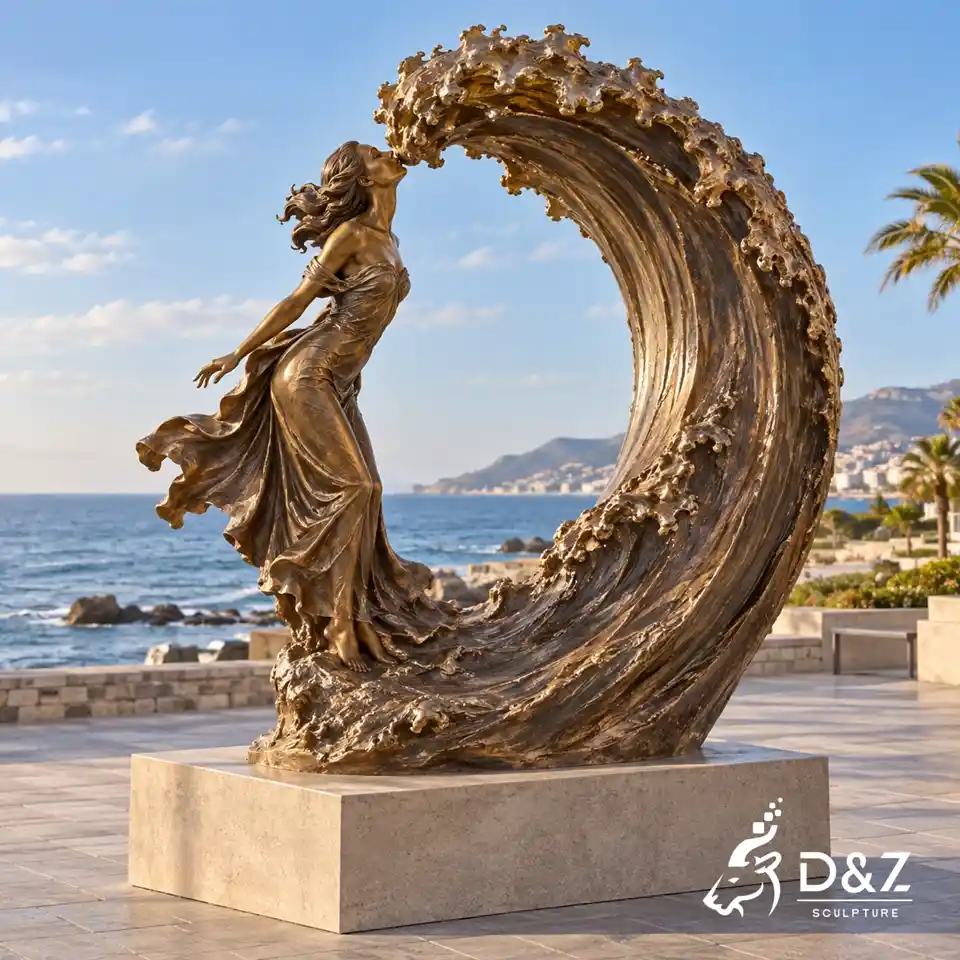 Kiss the sea sculpture with standing bronze woman and large ocean wave design Kiss the sea sculpture with standing bronze woman and large ocean wave design