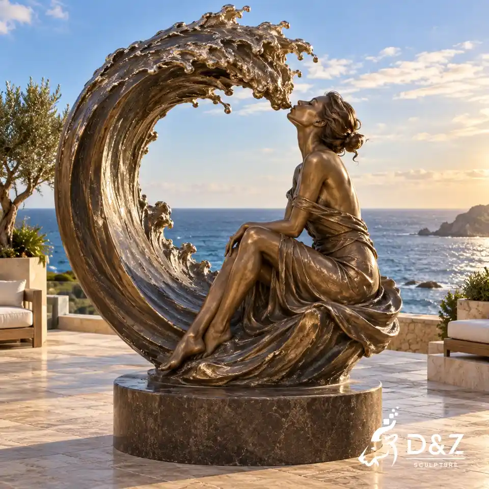Kiss the sea sculpture with seated bronze woman inside a curling ocean wave Kiss the sea sculpture with seated bronze woman inside a curling ocean wave