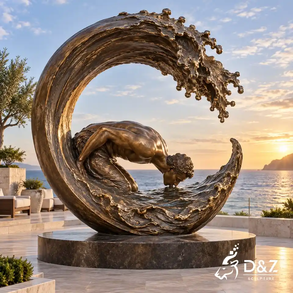 Kiss the sea sculpture featuring a bronze male figure bending to kiss the sea wave Kiss the sea sculpture featuring a bronze male figure bending to kiss the sea wave