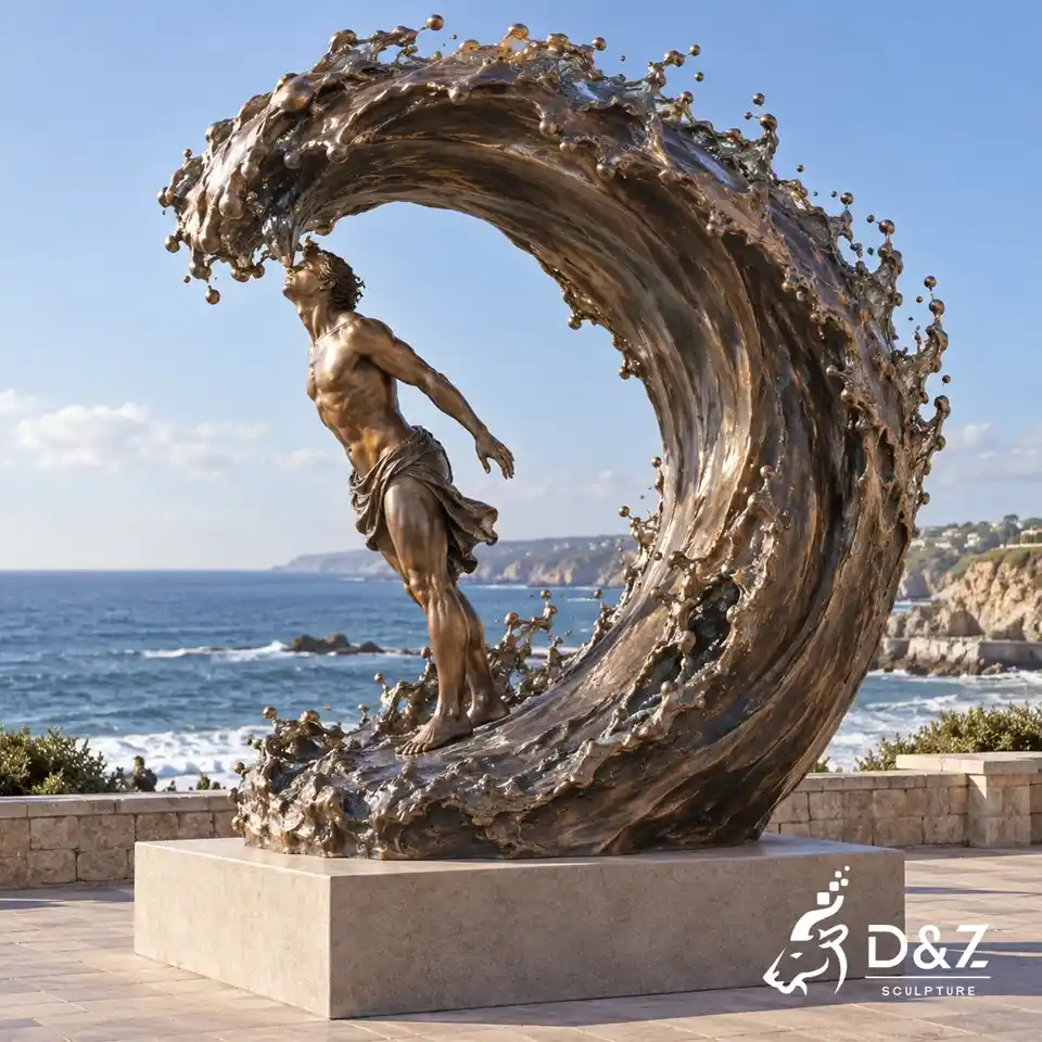 Kiss the sea sculpture with standing bronze male figure and dramatic ocean wave Kiss the sea sculpture with standing bronze male figure and dramatic ocean wave