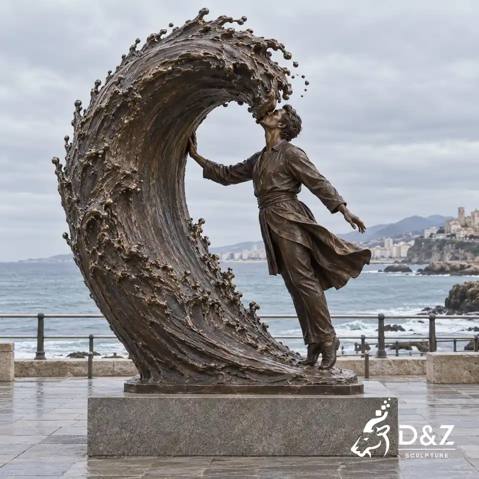 Kiss the sea sculpture featuring a robed bronze man kissing a curling sea wave Kiss the sea sculpture featuring a robed bronze man kissing a curling sea wave