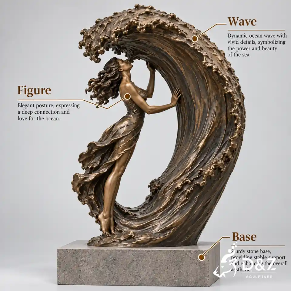 Kiss the sea sculpture detail showing bronze wave figure and stone base Kiss the sea sculpture detail showing bronze wave figure and stone base