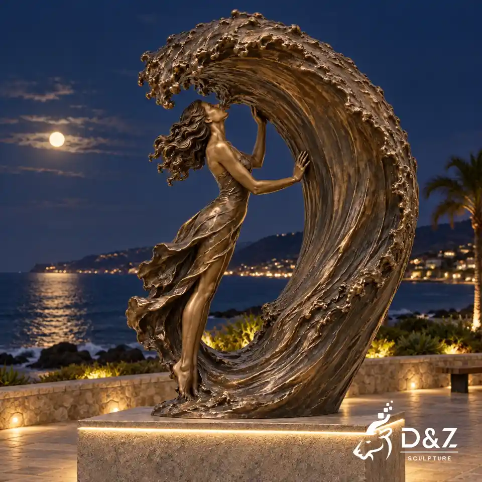 Kiss the sea sculpture with bronze ocean wave and LED illuminated base at night Kiss the sea sculpture with bronze ocean wave and LED illuminated base at night