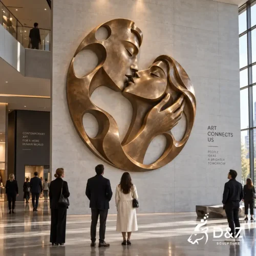 Bronze kiss wall sculpture with abstract openwork kissing couple design in a contemporary art center