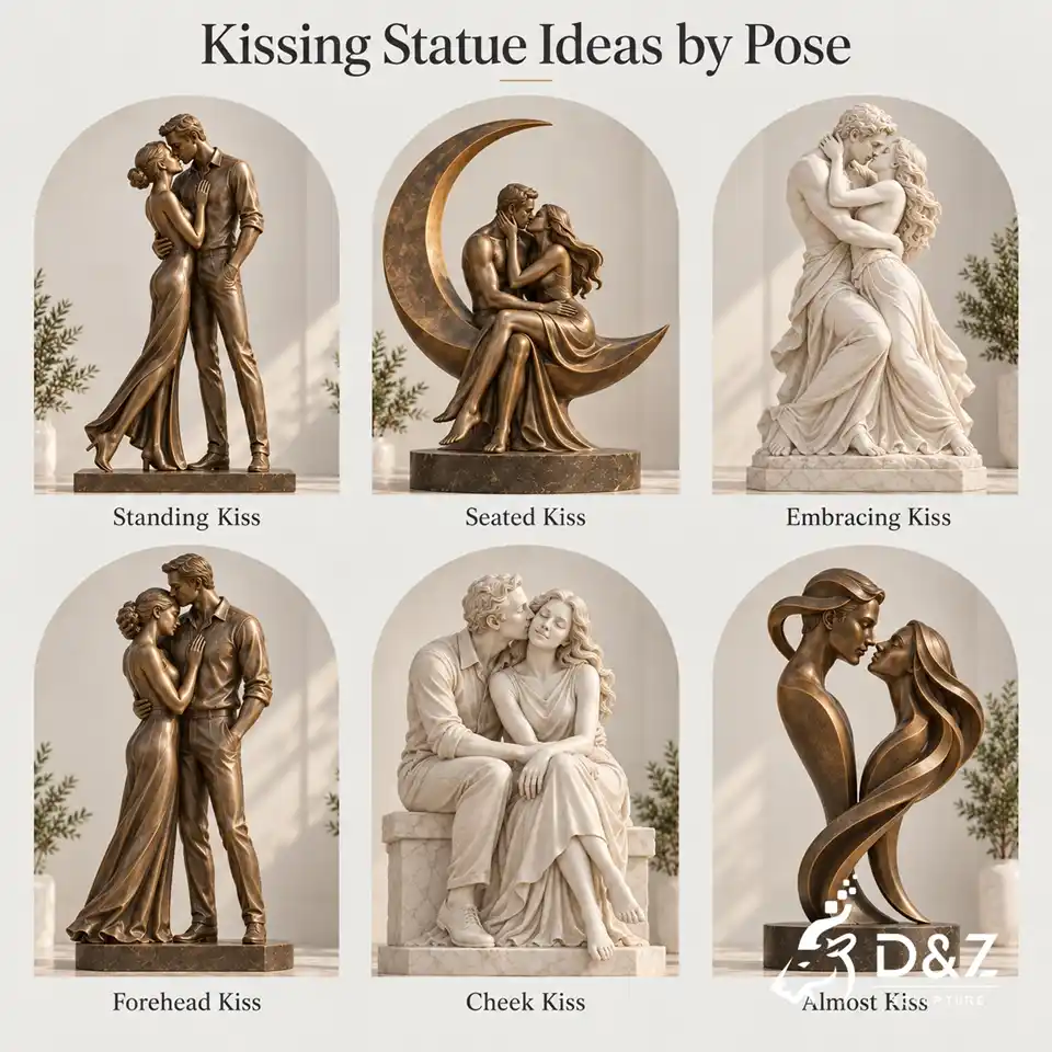 Kissing statue ideas by pose including standing seated embracing forehead cheek and almost kiss Kissing statue ideas by pose including standing seated embracing forehead cheek and almost kiss