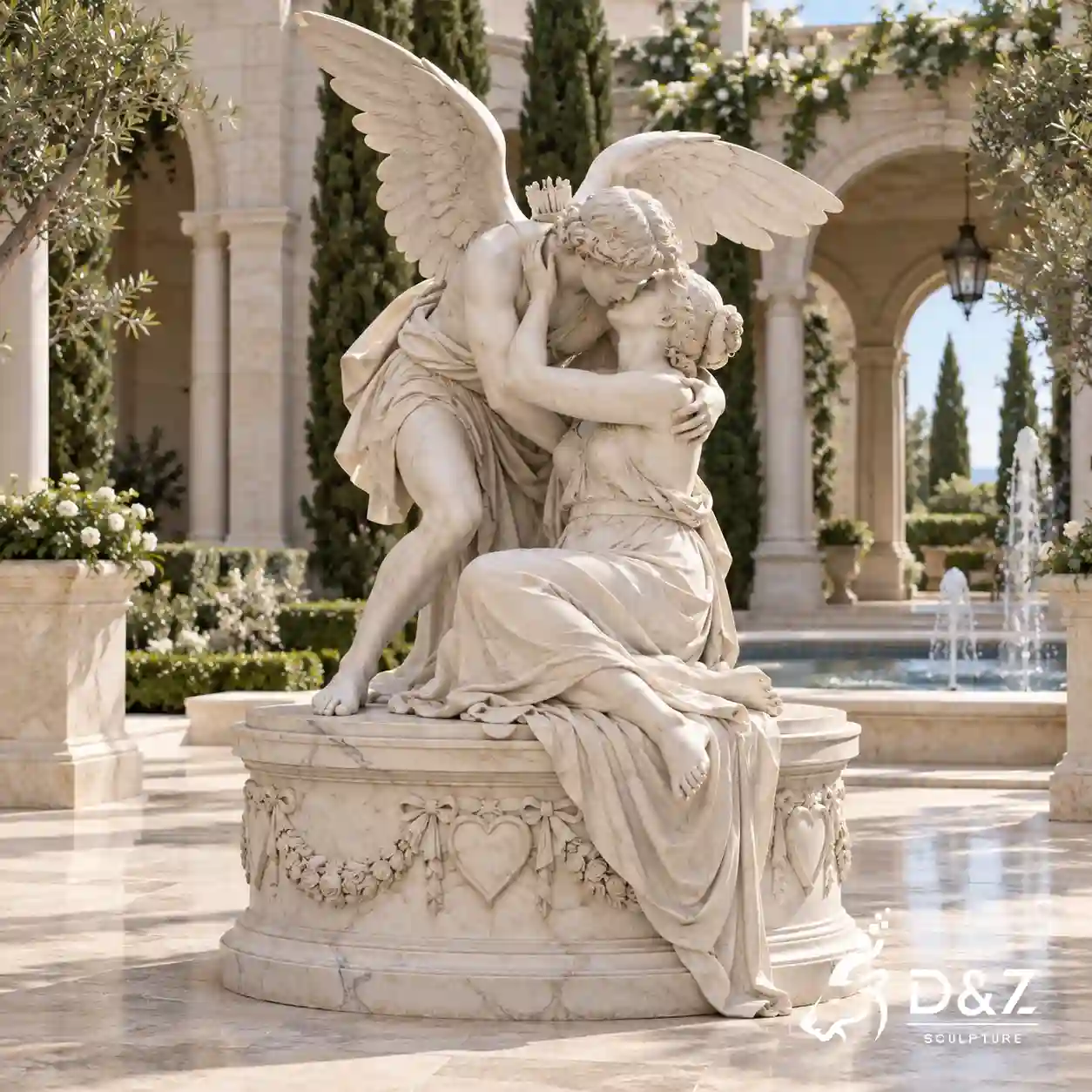 Marble kissing statue of Cupid and Psyche in an elegant classical garden