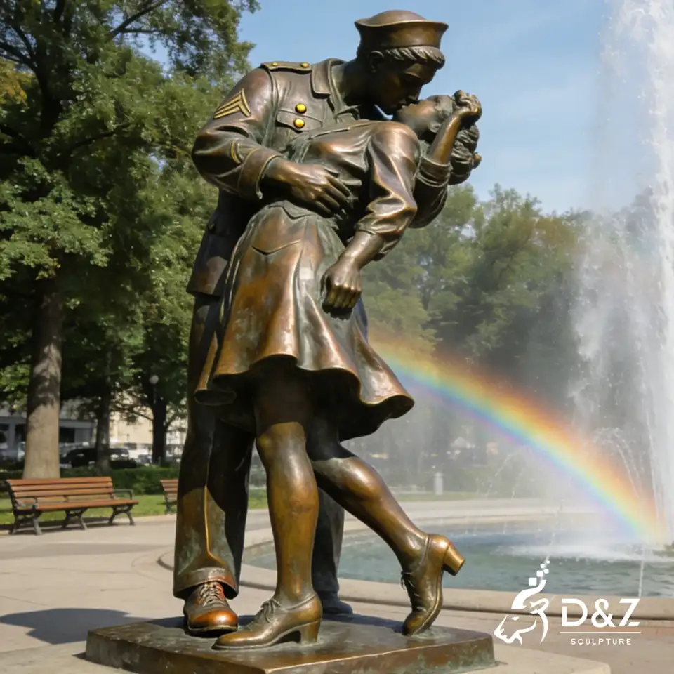 Bronze kissing statue of a soldier kissing nurse beside a fountain Bronze kissing statue of a soldier kissing nurse beside a fountain