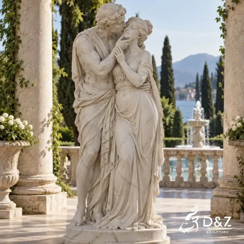 Lovers adoration kiss sculpture featuring a standing marble couple embracing in a luxury garden Lovers adoration kiss sculpture featuring a standing marble couple embracing in a luxury garden
