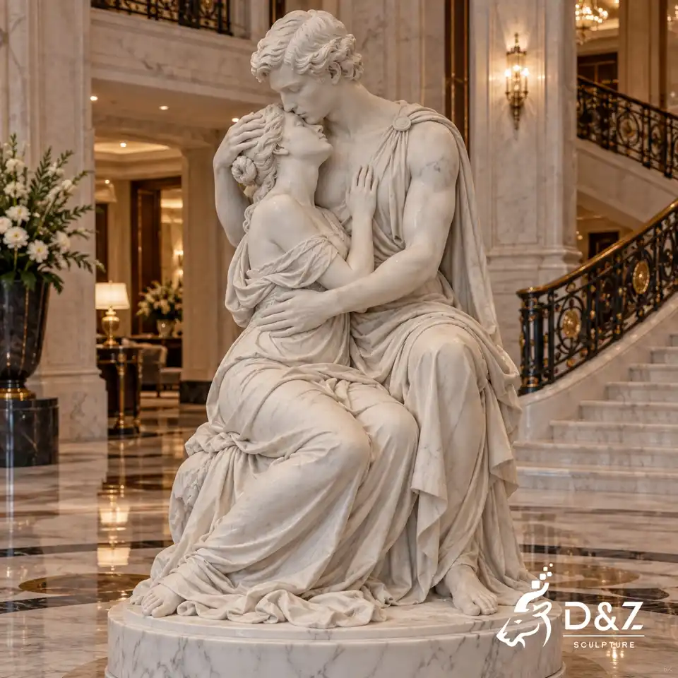 Lovers adoration kiss sculpture of a seated marble couple embracing and kissing indoors Lovers adoration kiss sculpture of a seated marble couple embracing and kissing indoors