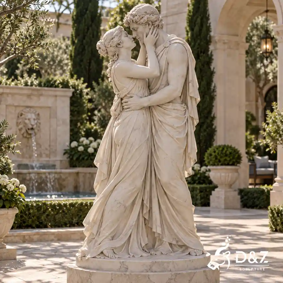 Lovers adoration kiss sculpture with a standing marble couple sharing a gentle kiss in a villa garden Lovers adoration kiss sculpture with a standing marble couple sharing a gentle kiss in a villa garden