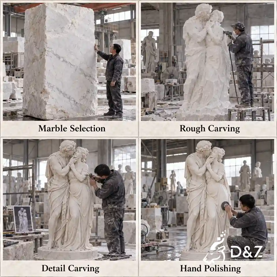Lovers adoration kiss sculpture production process from marble selection to hand polishing Lovers adoration kiss sculpture production process from marble selection to hand polishing