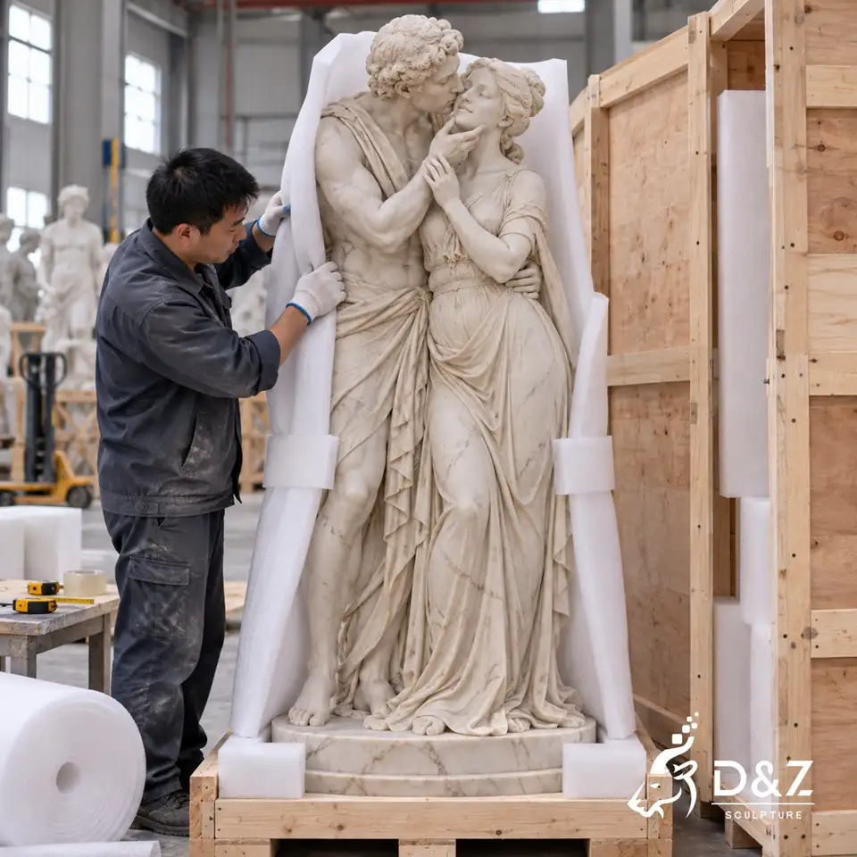 Lovers adoration kiss sculpture protected with foam and wooden crate packaging for shipping Lovers adoration kiss sculpture protected with foam and wooden crate packaging for shipping