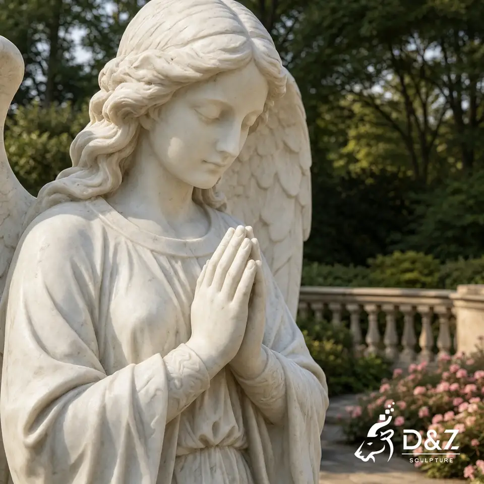Marble praying angel statue with folded hands and peaceful expression Marble praying angel statue with folded hands and peaceful expression