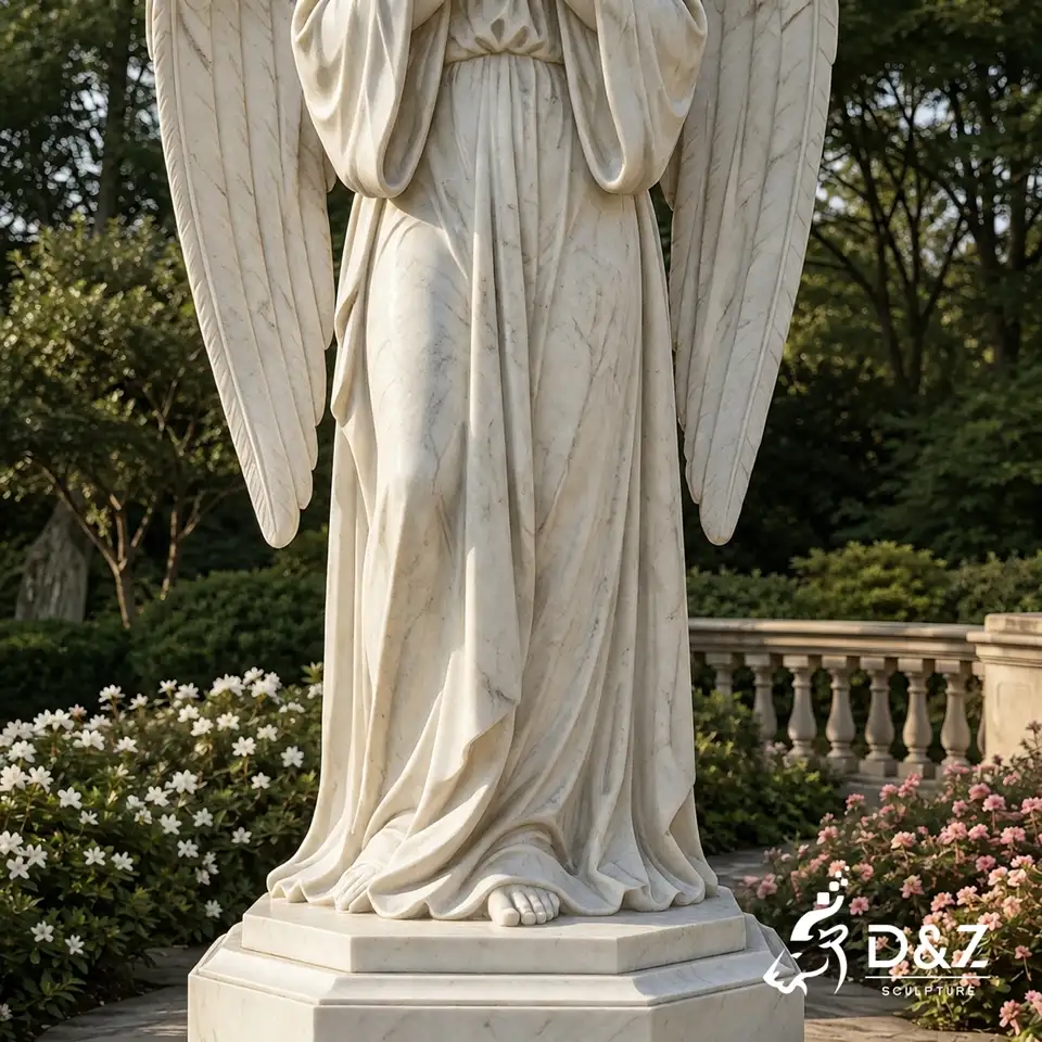 Marble angel garden sculpture robe and pedestal detail Marble angel garden sculpture robe and pedestal detail