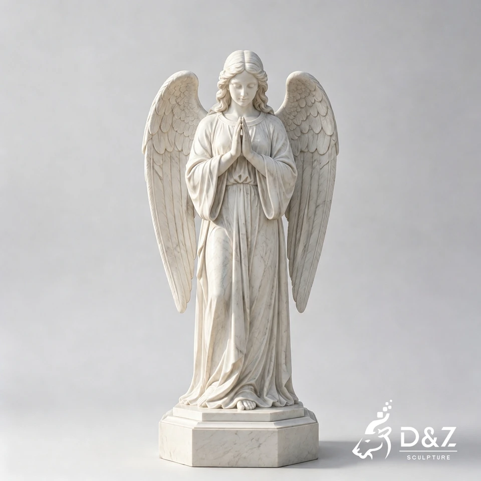 Front view of marble praying angel sculpture on pedestal Front view of marble praying angel sculpture on pedestal