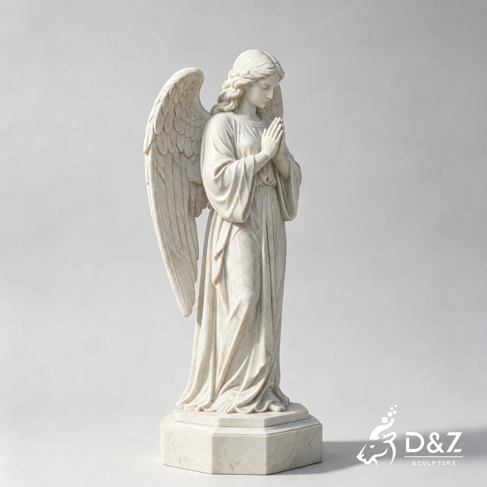 Three-quarter view of marble praying angel garden statue Three-quarter view of marble praying angel garden statue