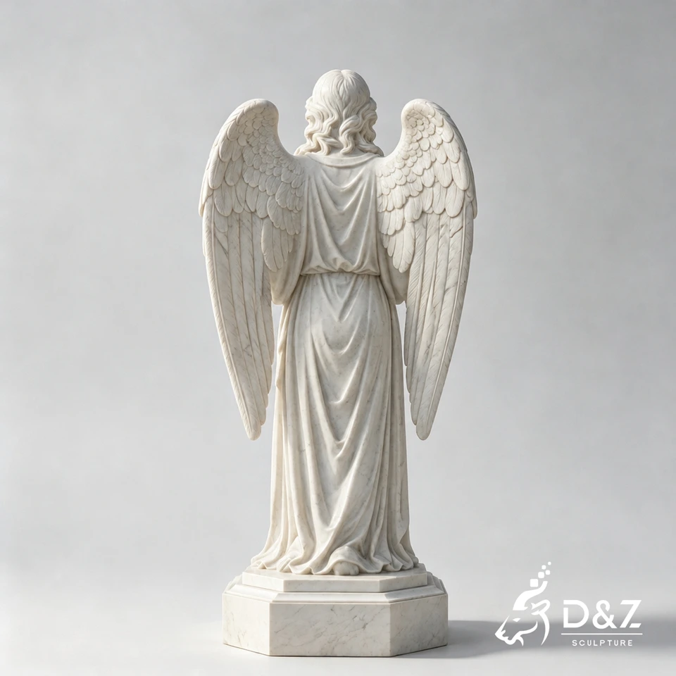 Back view of marble praying angel statue with detailed wings Back view of marble praying angel statue with detailed wings