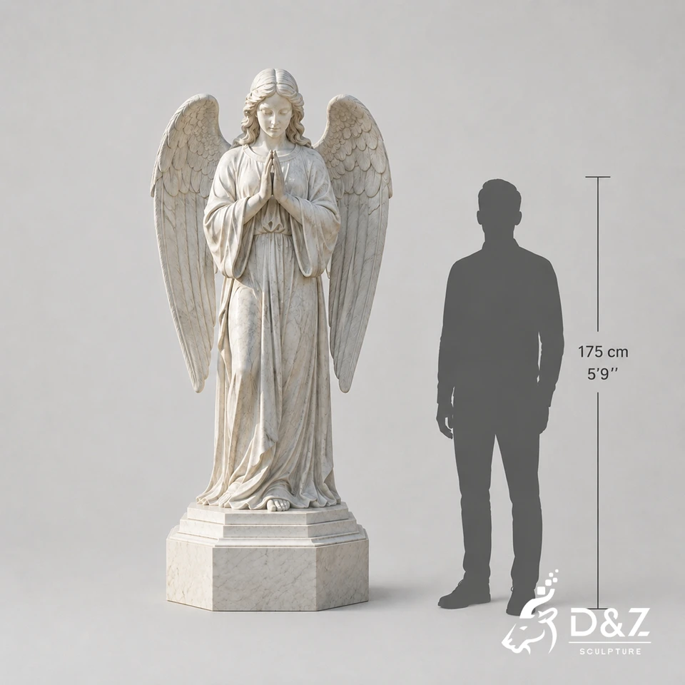 Large praying angel garden sculpture size comparison with human Large praying angel garden sculpture size comparison with human