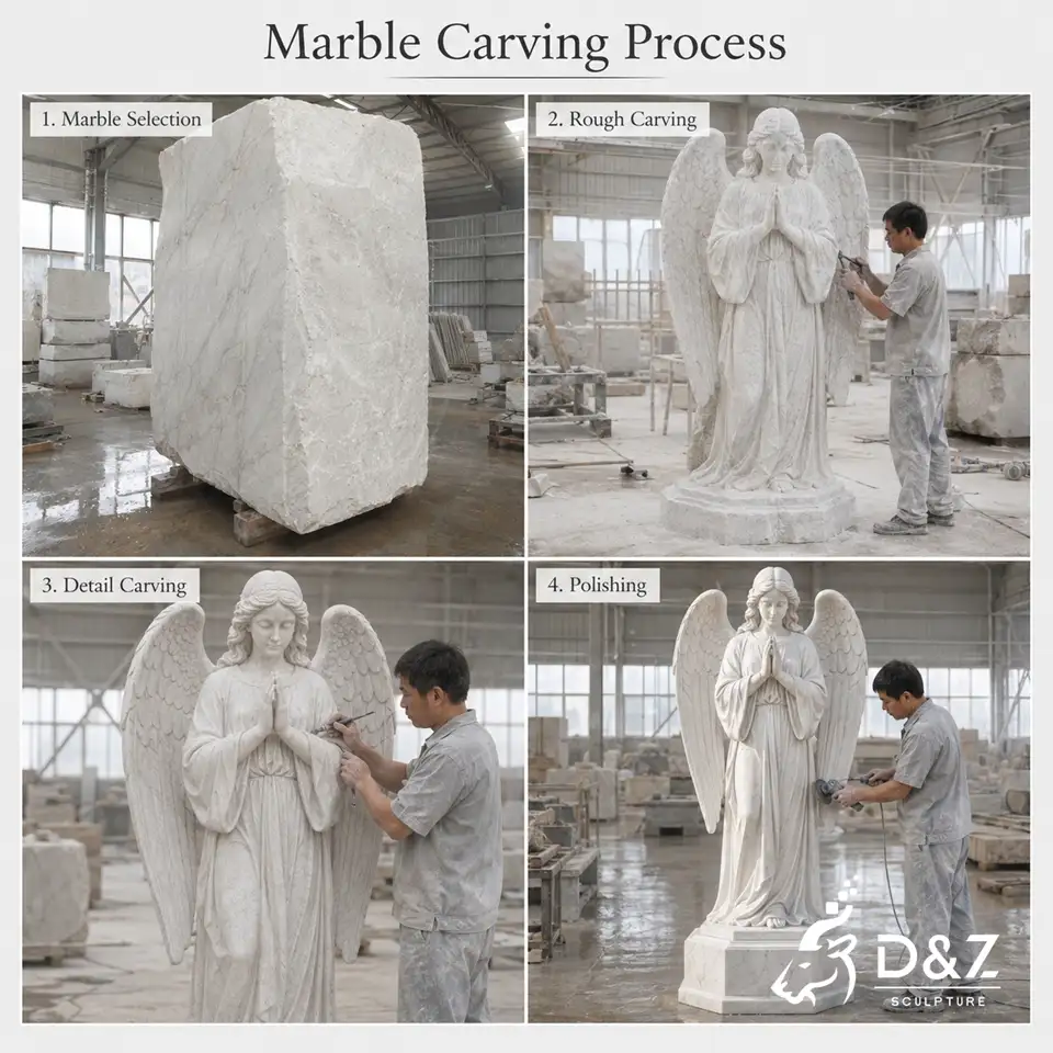 Marble praying angel sculpture hand carving process Marble praying angel sculpture hand carving process
