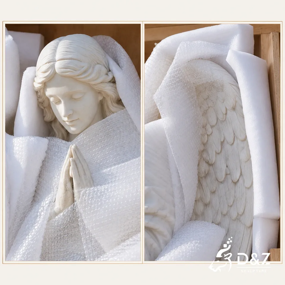Protective packaging for marble praying angel statue Protective packaging for marble praying angel statue