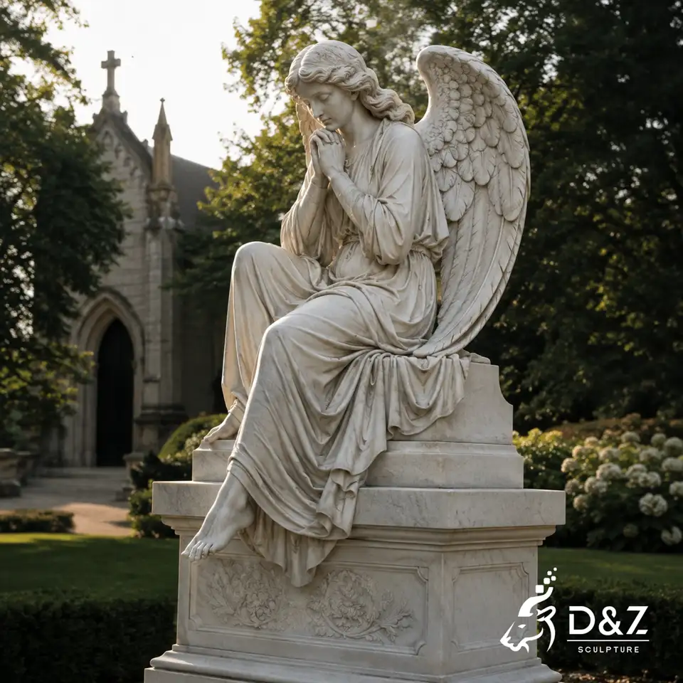 Seated praying angel on pedestal garden statue near church Seated praying angel on pedestal garden statue near church