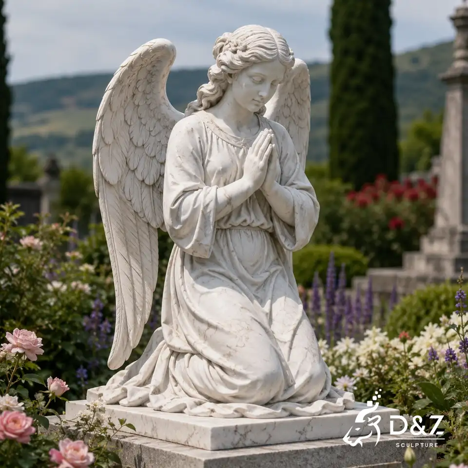 Kneeling marble praying angel sculpture in flower garden Kneeling marble praying angel sculpture in flower garden
