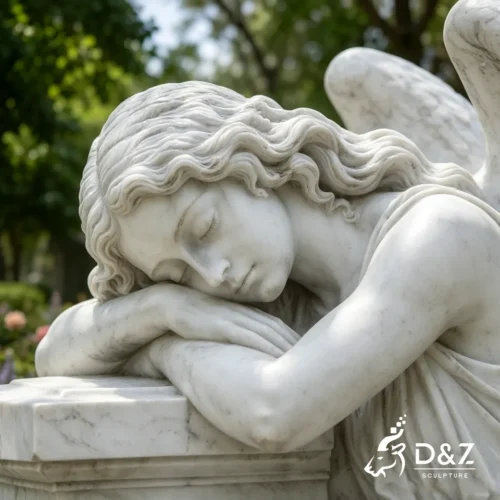Marble sleeping angel sculpture with peaceful facial expression and hand-carved details